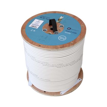 Câble Coaxial Ø10,3mm. Ame CU 1,63mm. Tresse CCA 128 brins. Gaine PVC Blanc. Touret bois 300m Ek ROLLER