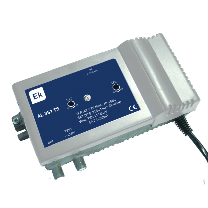 Amplificateur de ligne TER + SAT.  G: 30-40 dB (TER) / 32-40 dB (SAT). Classe A
